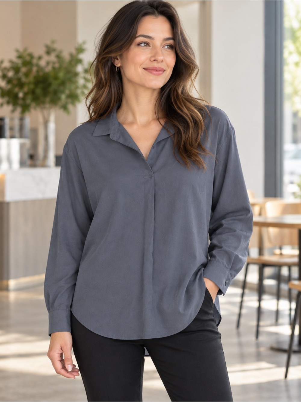 UNIQLO Charcoal Gray Oversized Rayon Blouse Size Small